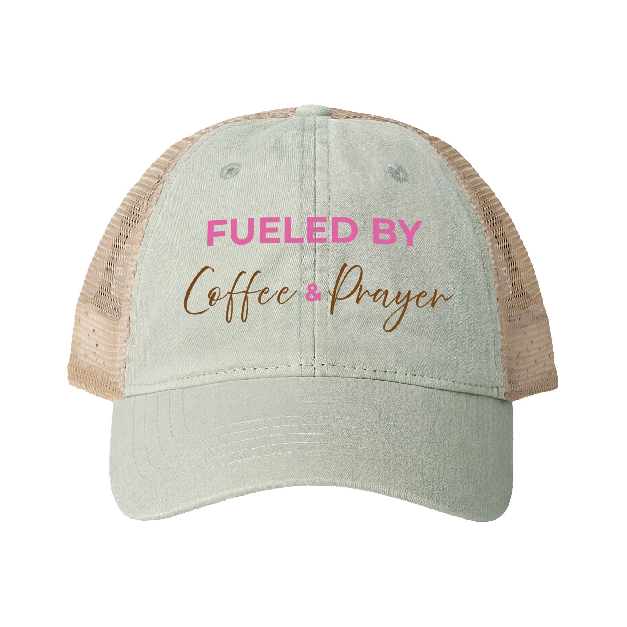 Fueled By Coffee and Prayer Women's Washed Mesh-Back Cap