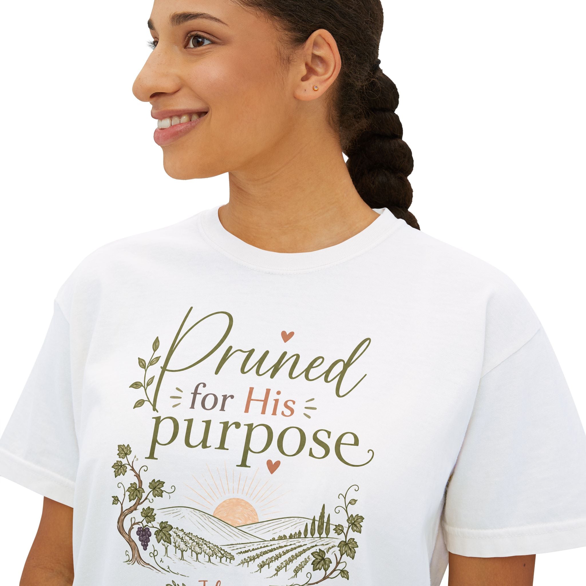 Women’s Boxy Tee — "Pruned for His Purpose" John 15:5