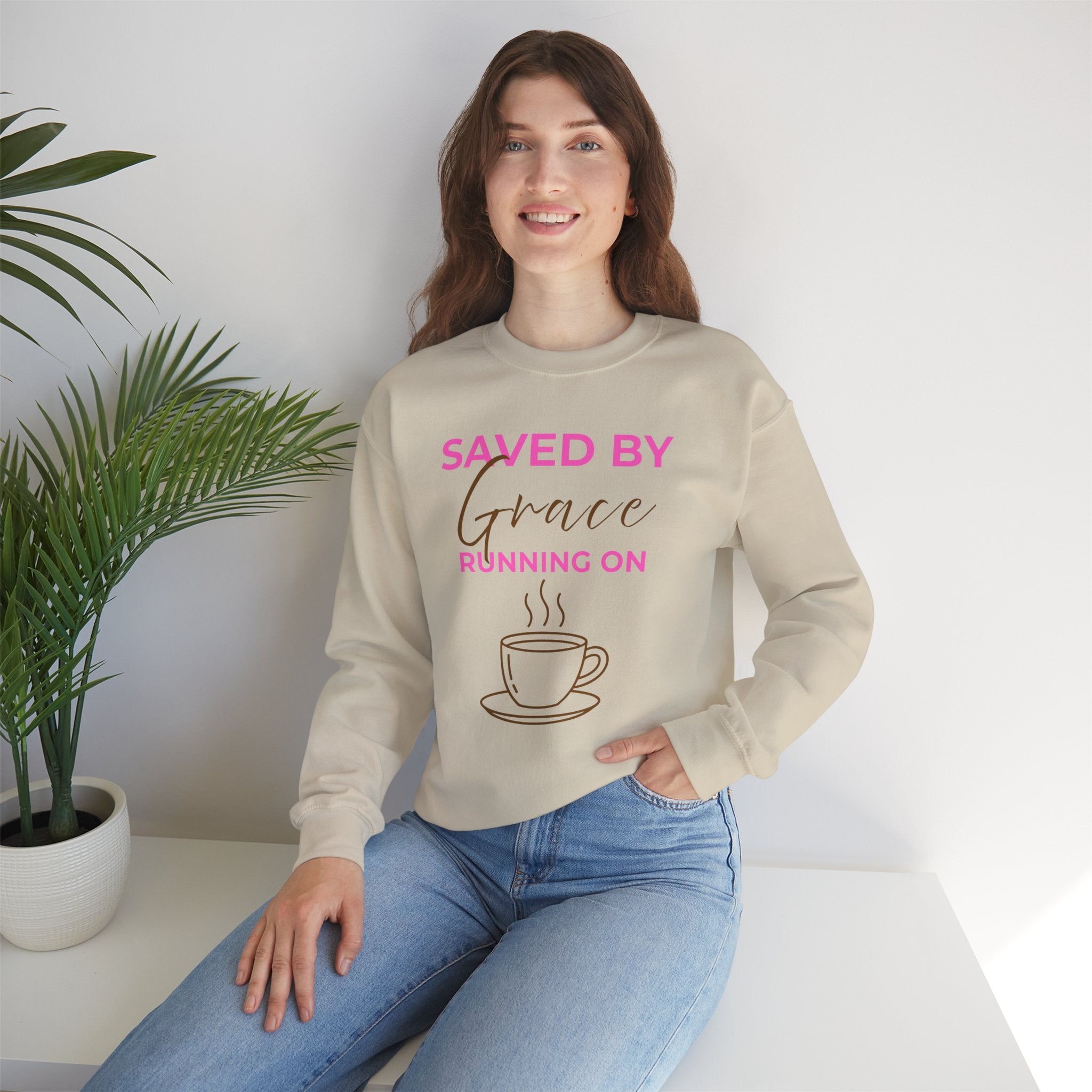Saved by Grace Running on Coffee Graphic Crewneck Sweatshirt