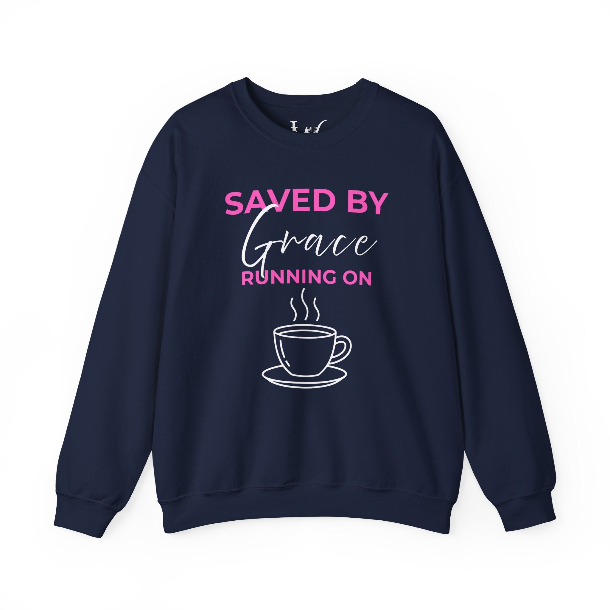 Saved by Grace Running on Coffee Graphic Crewneck Sweatshirt