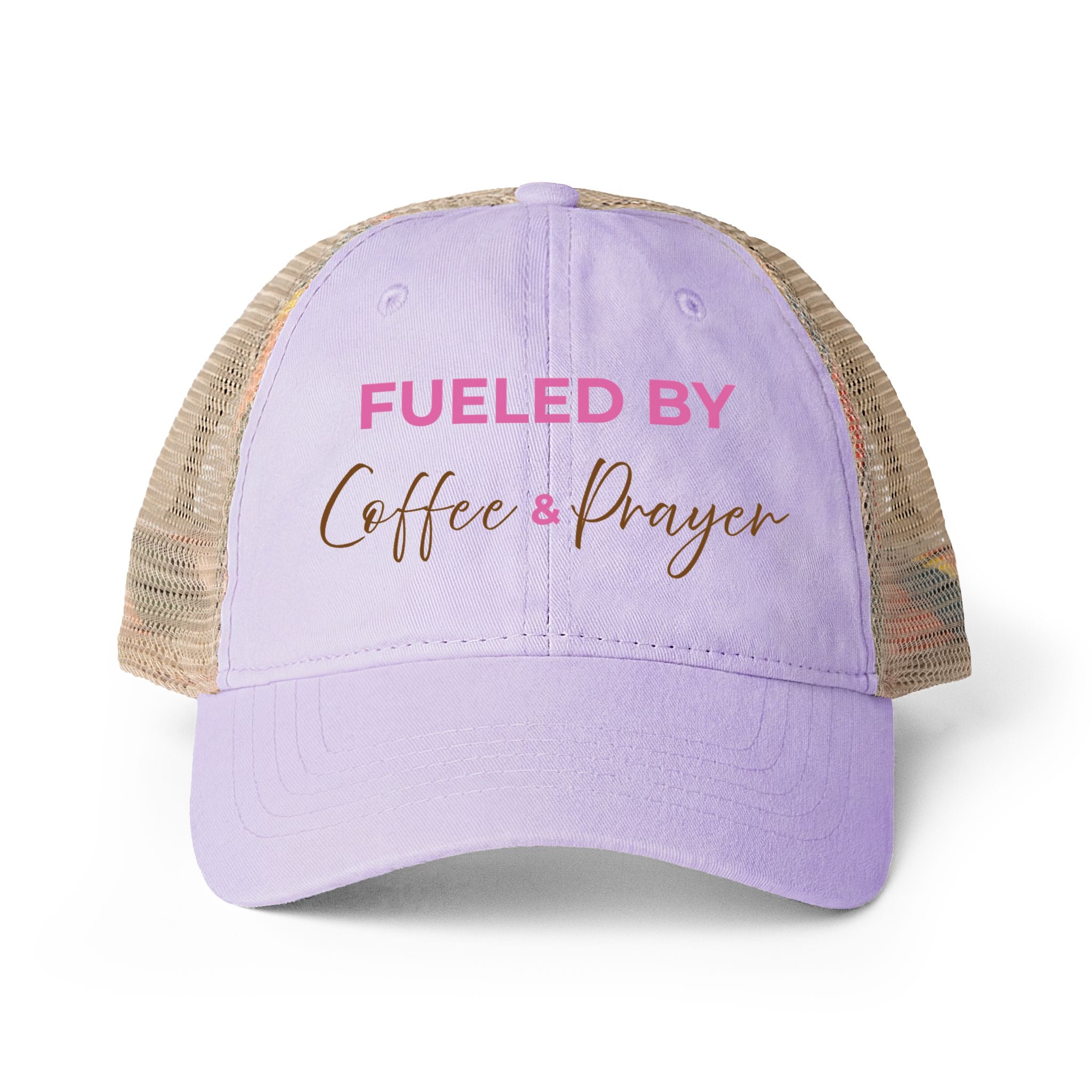 Fueled By Coffee and Prayer Women's Washed Mesh-Back Cap