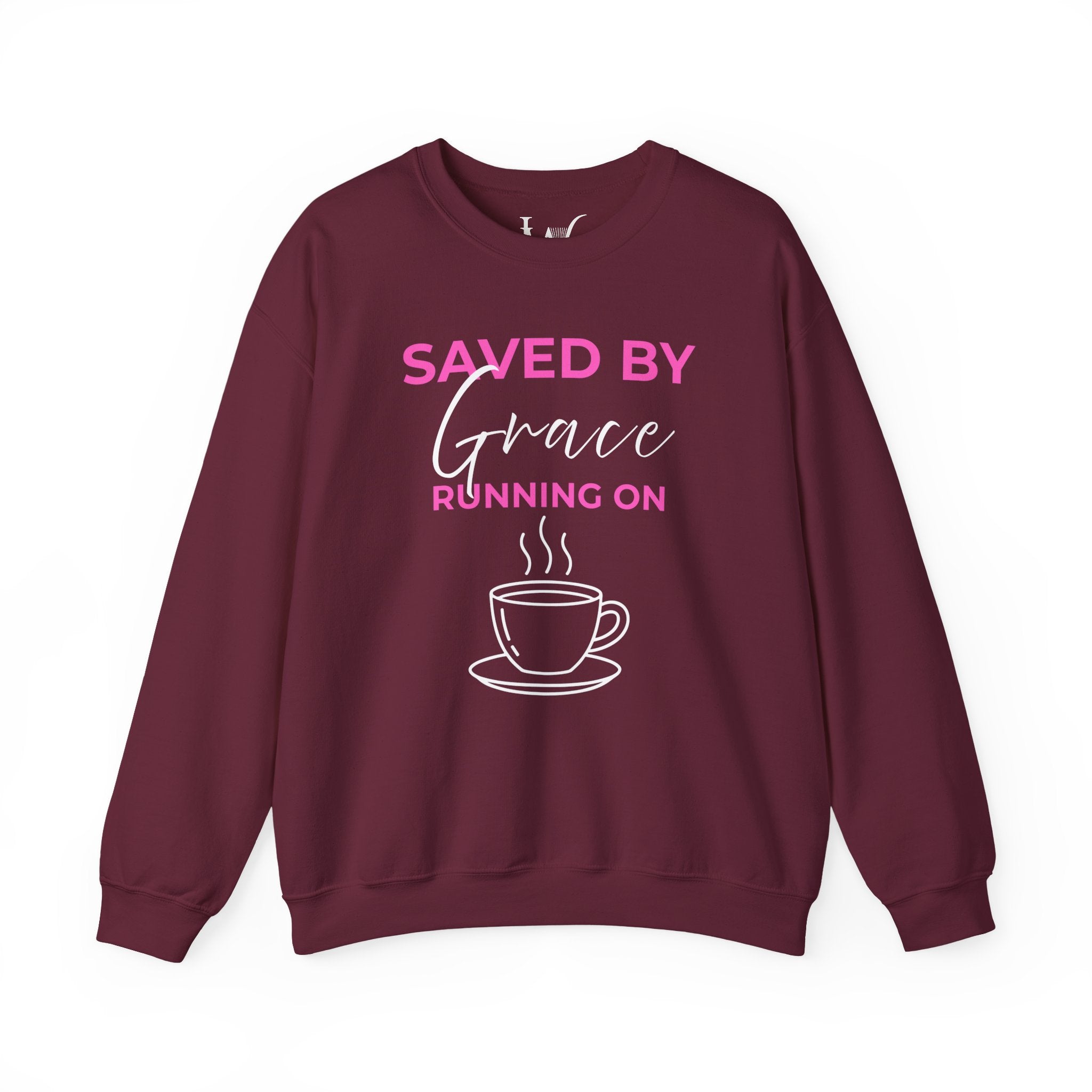 Saved by Grace Running on Coffee Graphic Crewneck Sweatshirt