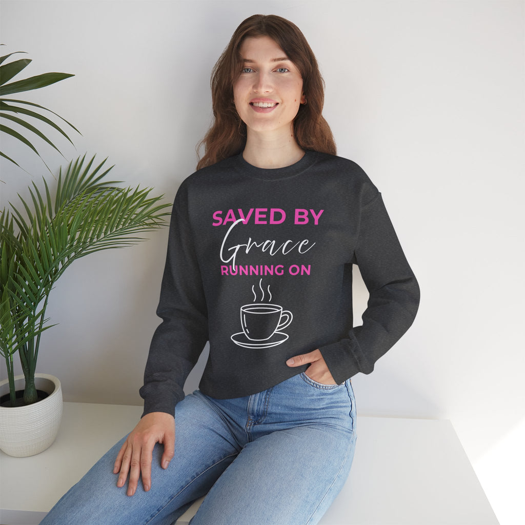 Saved by Grace Running on Coffee Graphic Crewneck Sweatshirt