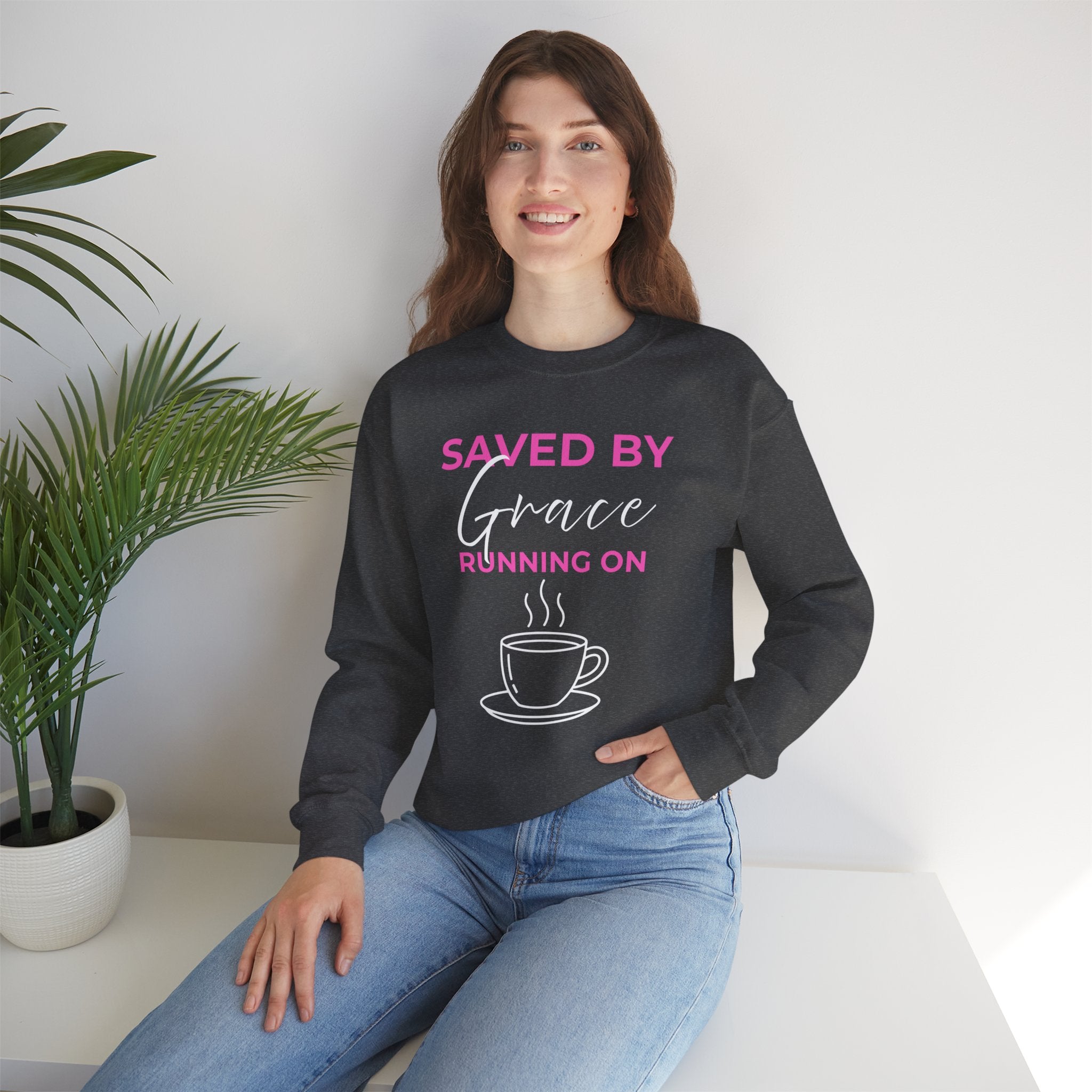 Saved by Grace Running on Coffee Graphic Crewneck Sweatshirt