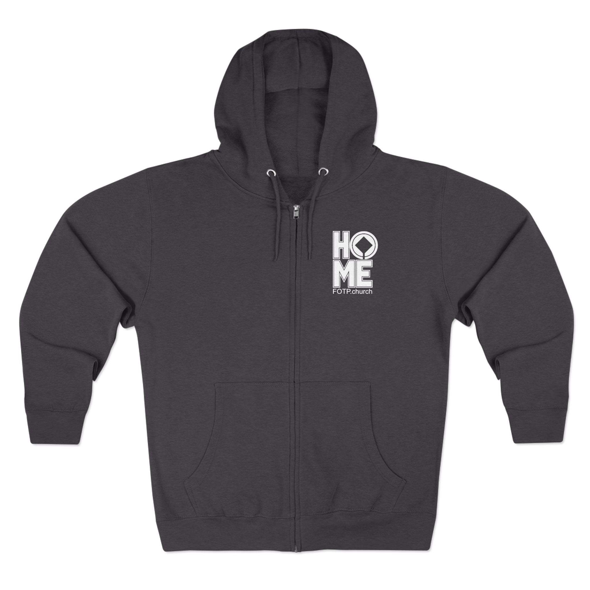 Zip Hoodie — "HOME" Front Logo, Back: REACH • EQUIP • DEFEND (FOTP.church)