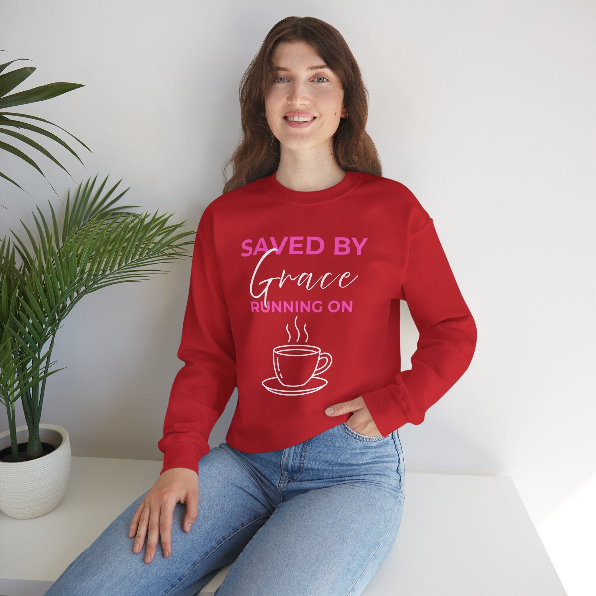 Saved by Grace Running on Coffee Graphic Crewneck Sweatshirt