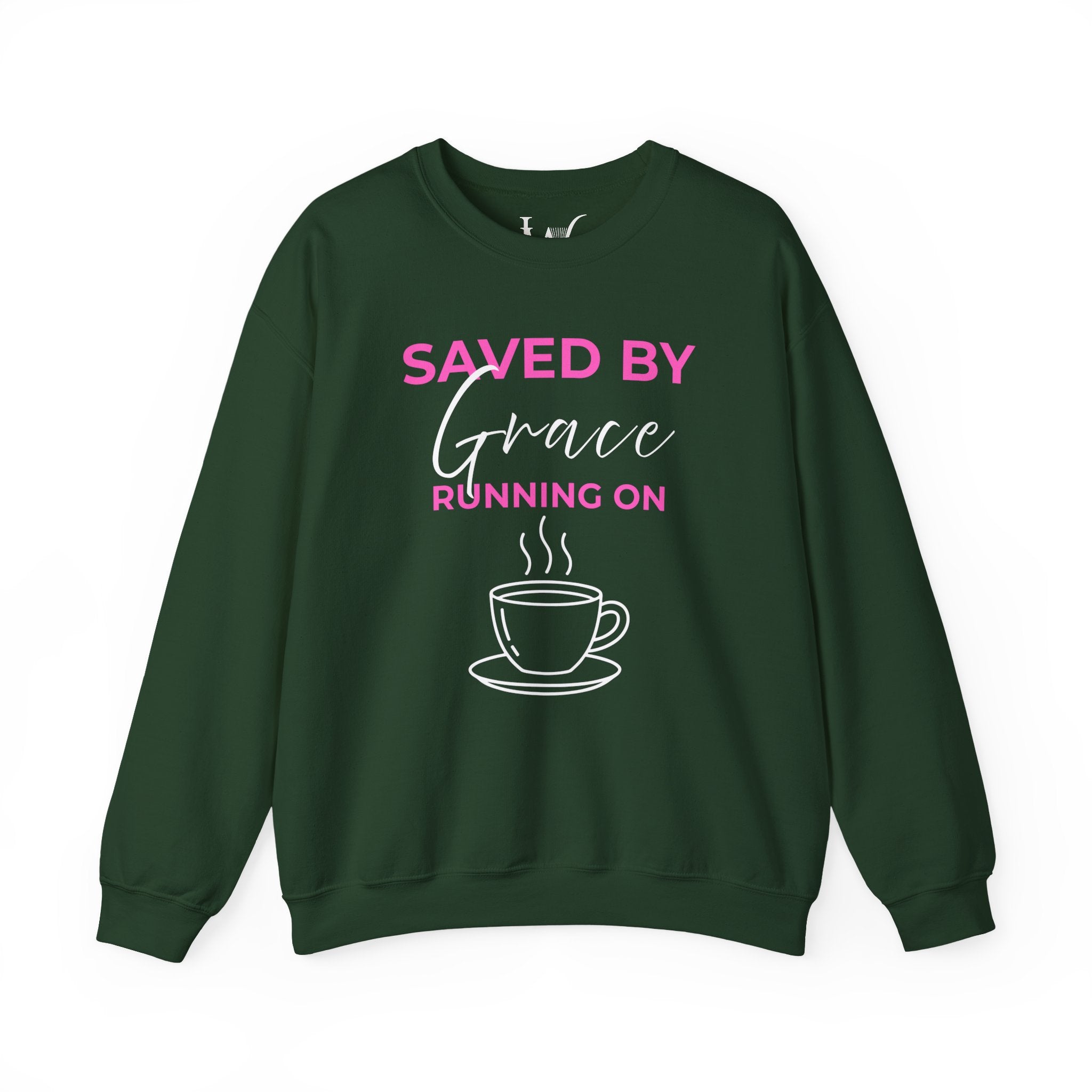 Saved by Grace Running on Coffee Graphic Crewneck Sweatshirt
