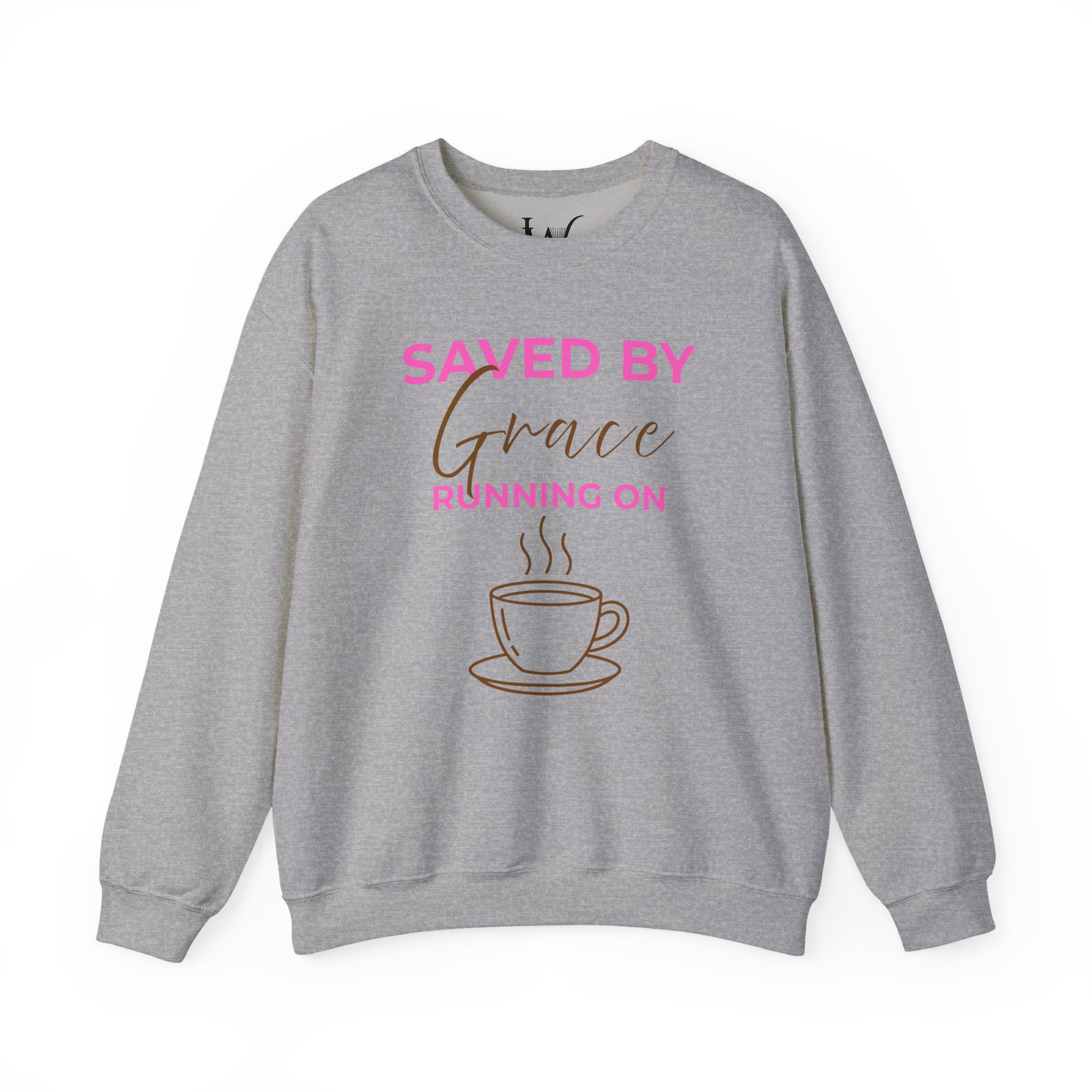 Saved by Grace Running on Coffee Graphic Crewneck Sweatshirt