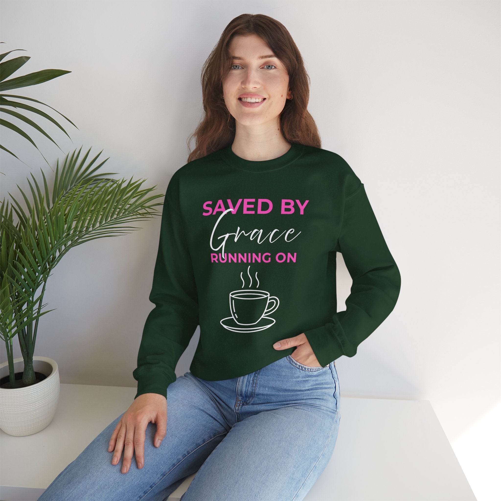 Saved by Grace Running on Coffee Graphic Crewneck Sweatshirt