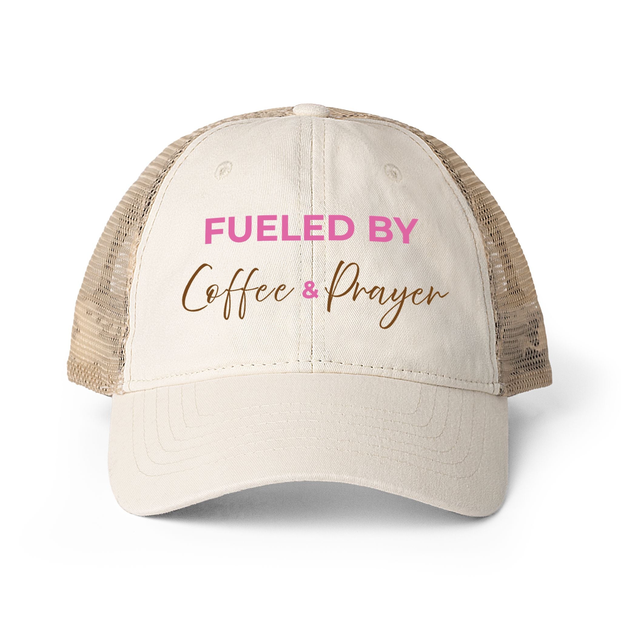 Fueled By Coffee and Prayer Women's Washed Mesh-Back Cap