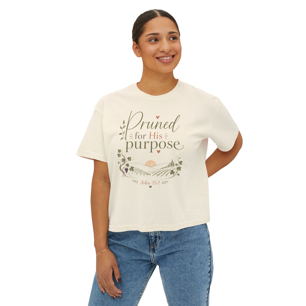 Women’s Boxy Tee — "Pruned for His Purpose" John 15:5