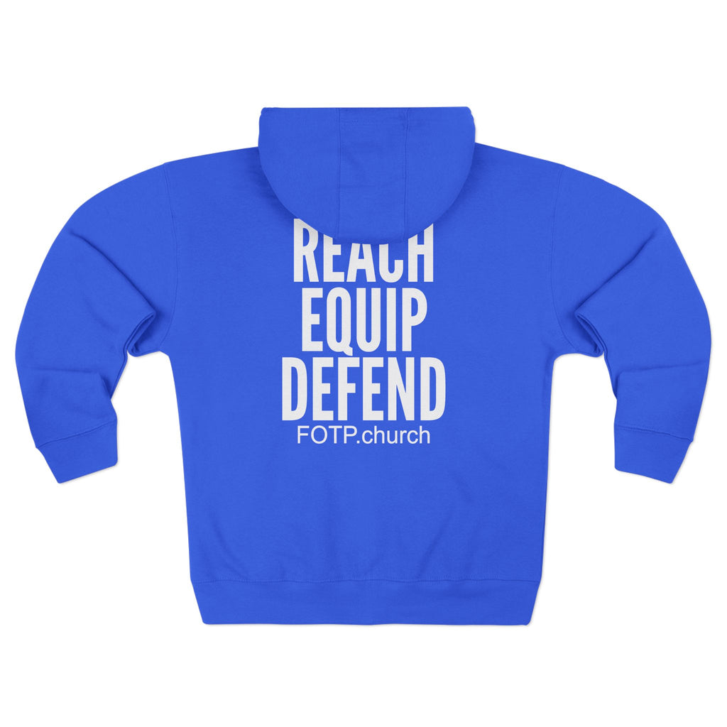 Zip Hoodie — "HOME" Front Logo, Back: REACH • EQUIP • DEFEND (FOTP.church)