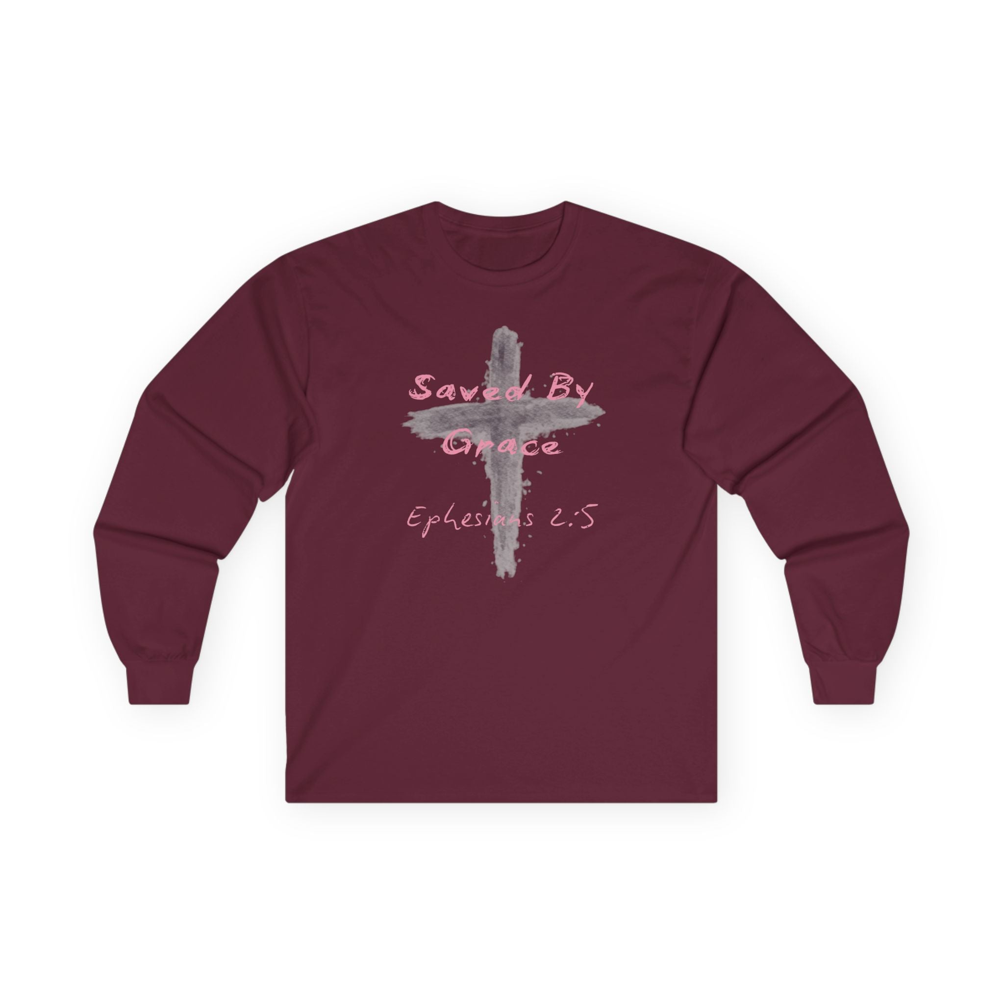 Saved By Grace Cross Design Ephesians 2:5 Long Sleeve Tee