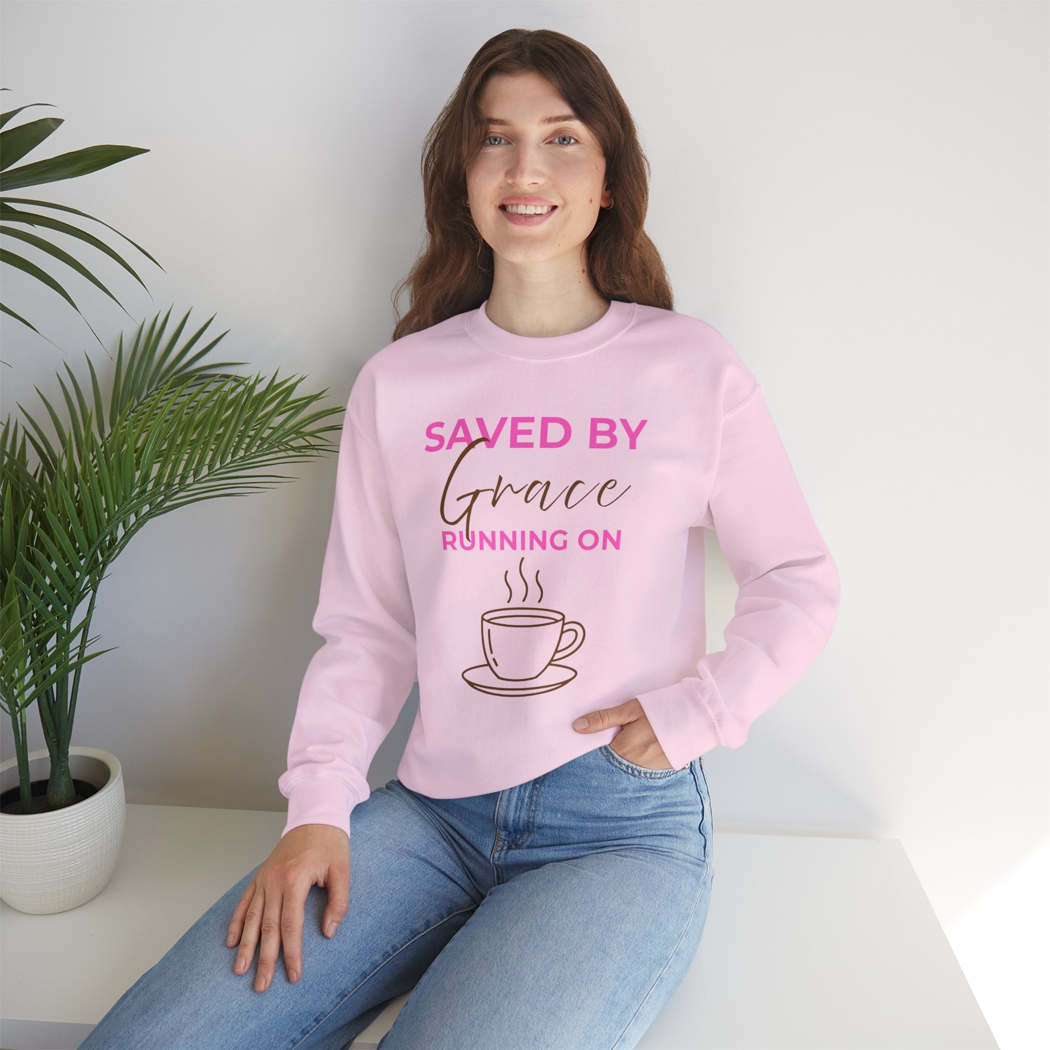 Saved by Grace Running on Coffee Graphic Crewneck Sweatshirt