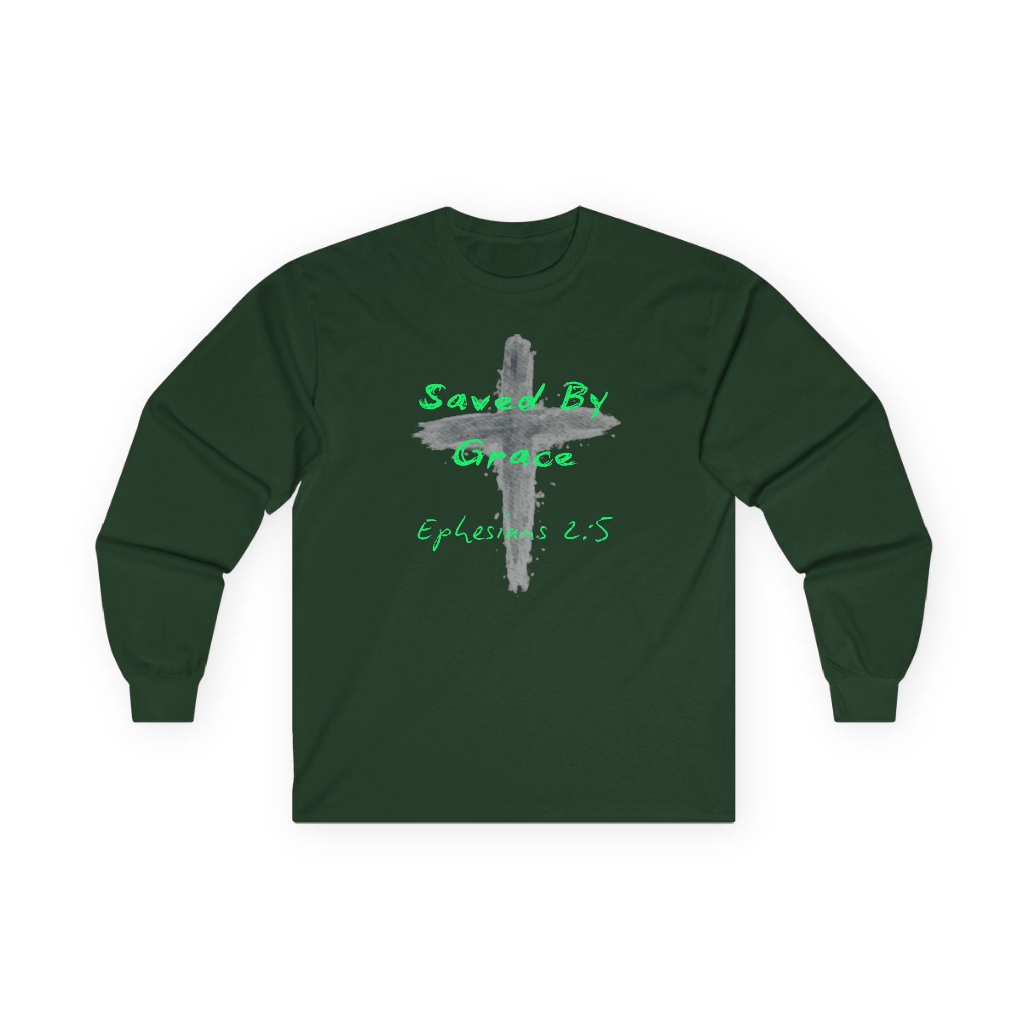 Saved By Grace Cross Design Ephesians 2:5 Long Sleeve Tee