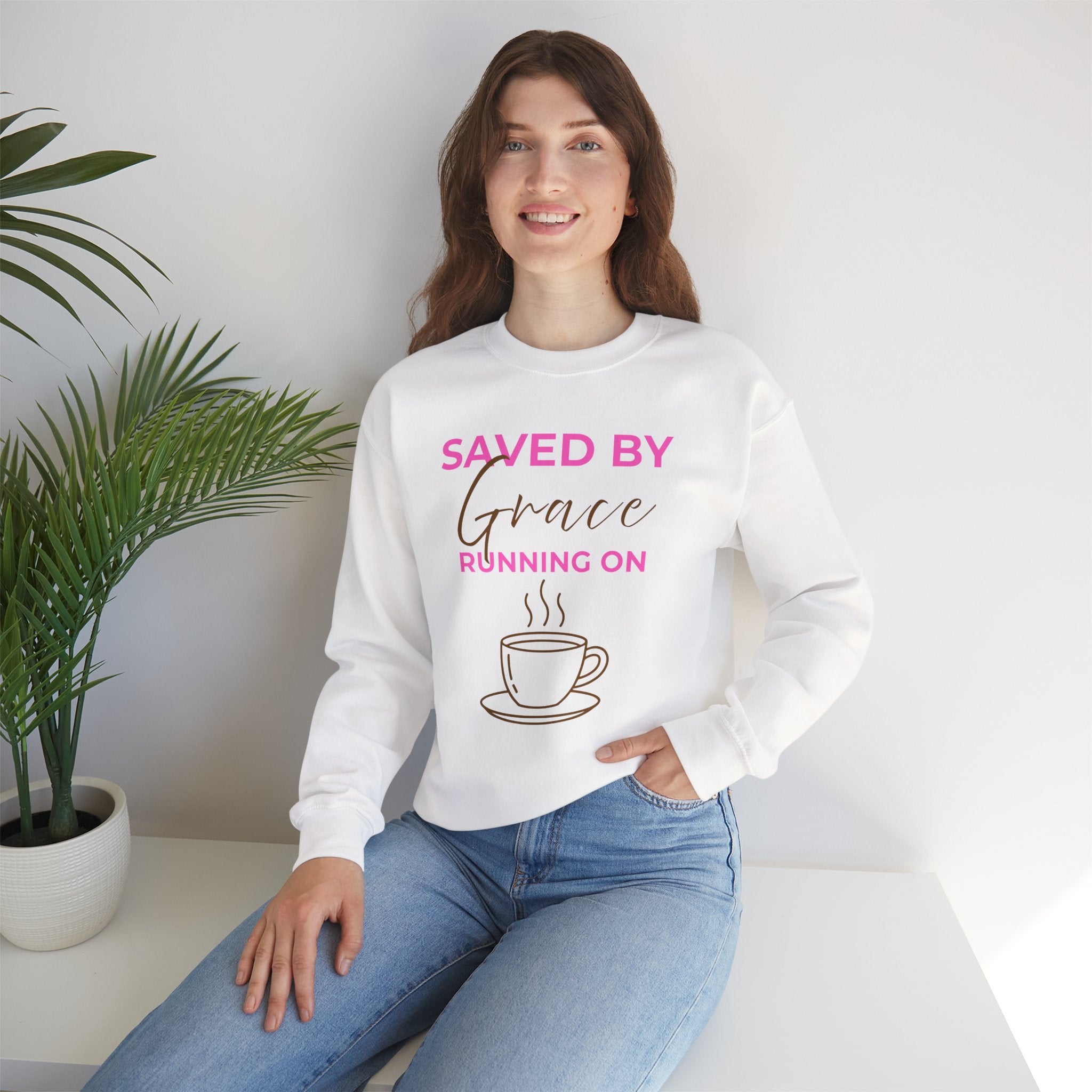 Saved by Grace Running on Coffee Graphic Crewneck Sweatshirt