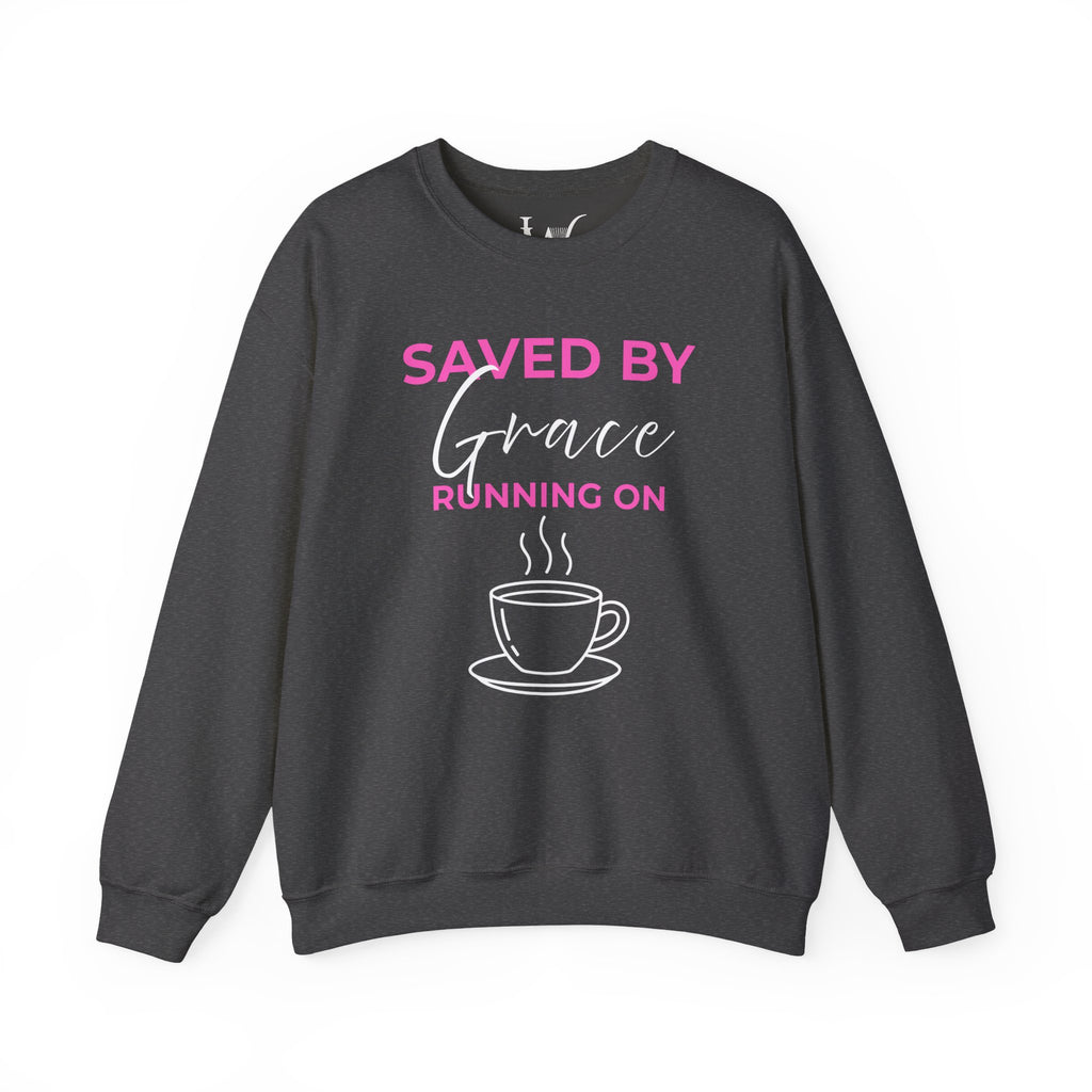 Saved by Grace Running on Coffee Graphic Crewneck Sweatshirt