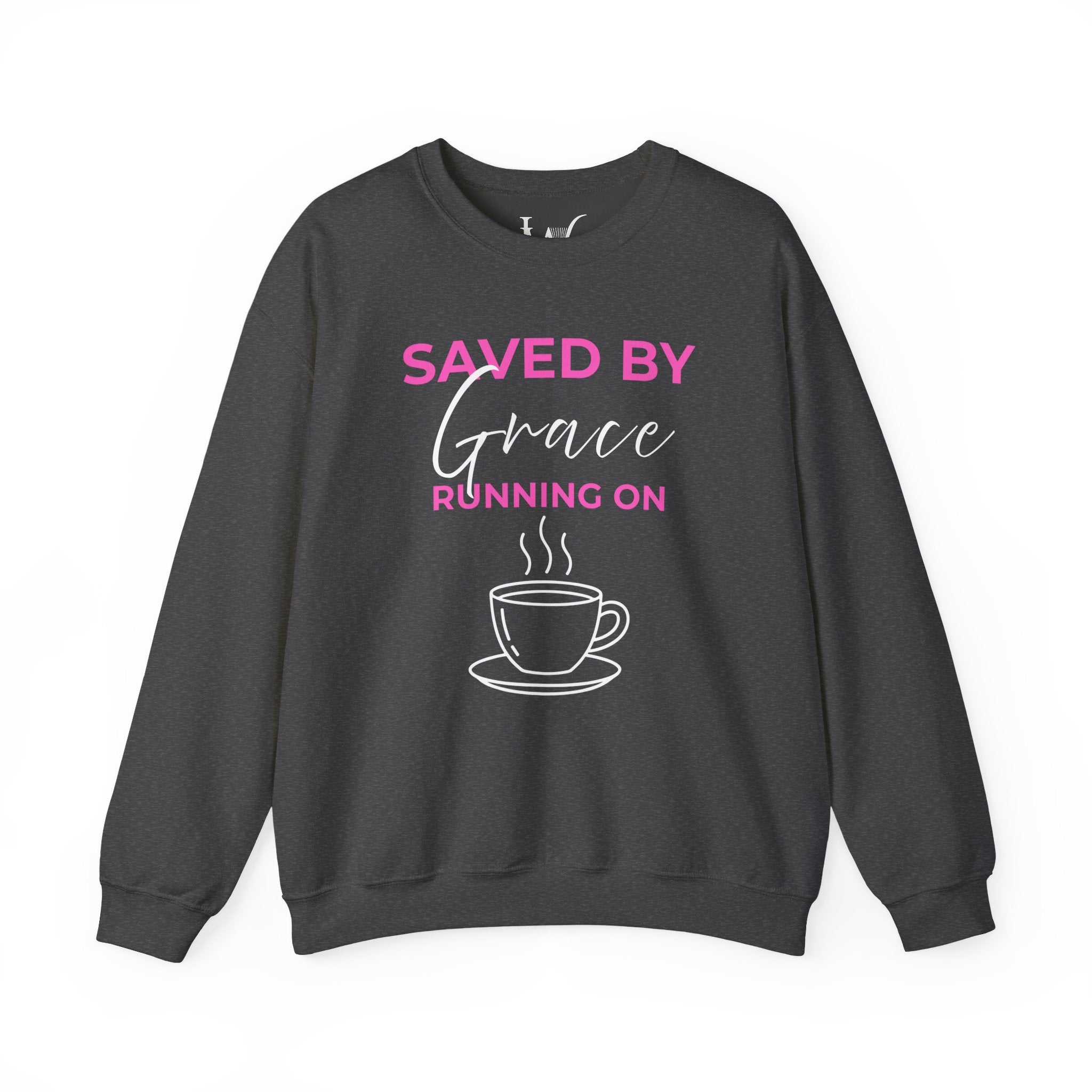 Saved by Grace Running on Coffee Graphic Crewneck Sweatshirt