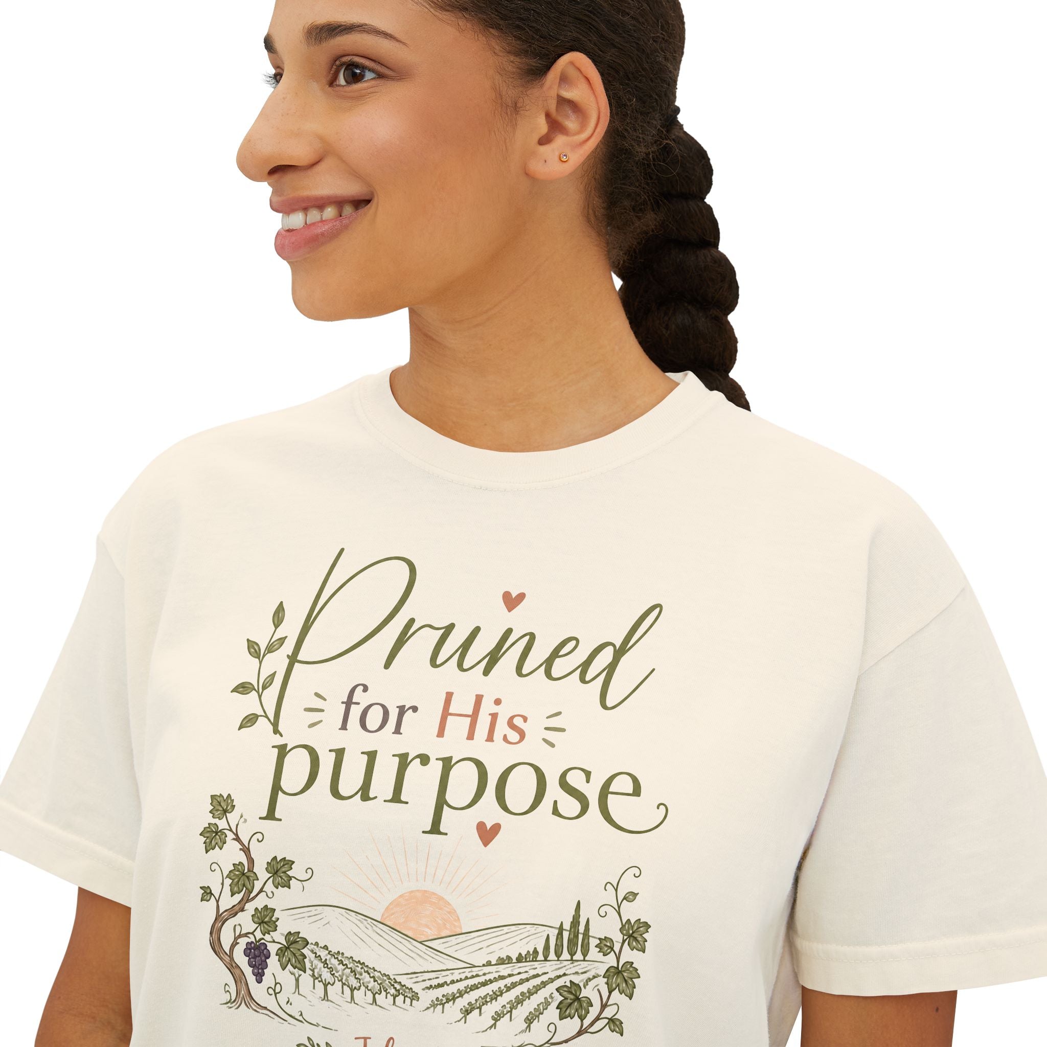 Women’s Boxy Tee — "Pruned for His Purpose" John 15:5