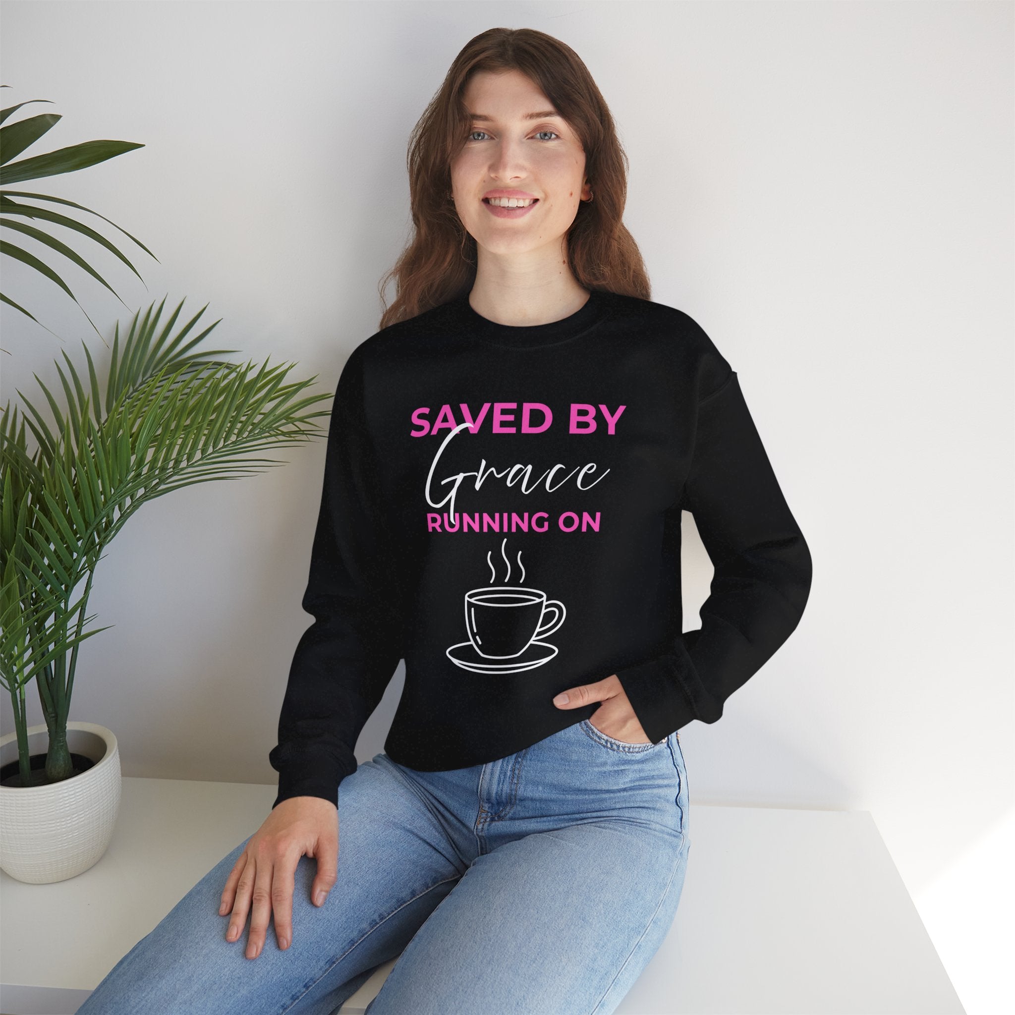 Saved by Grace Running on Coffee Graphic Crewneck Sweatshirt