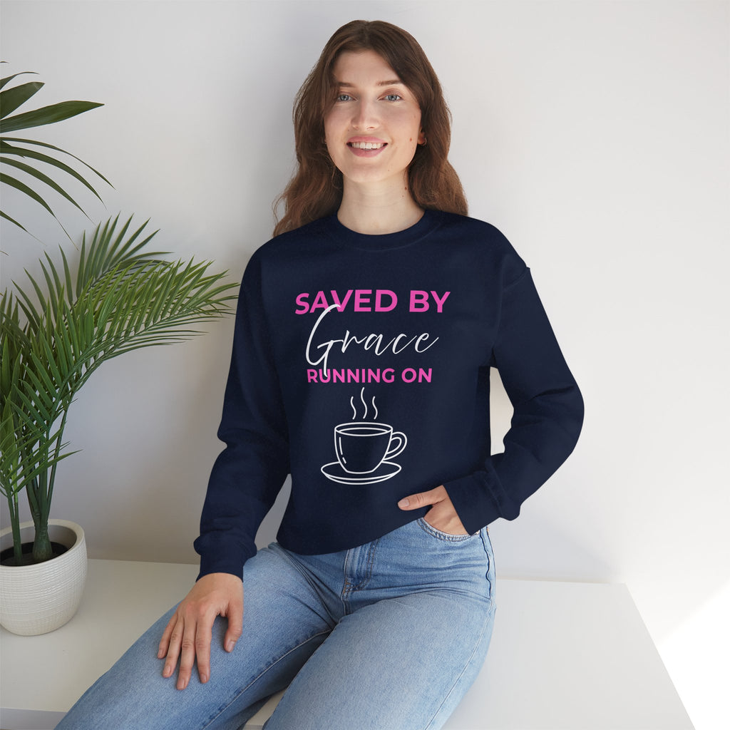 Saved by Grace Running on Coffee Graphic Crewneck Sweatshirt