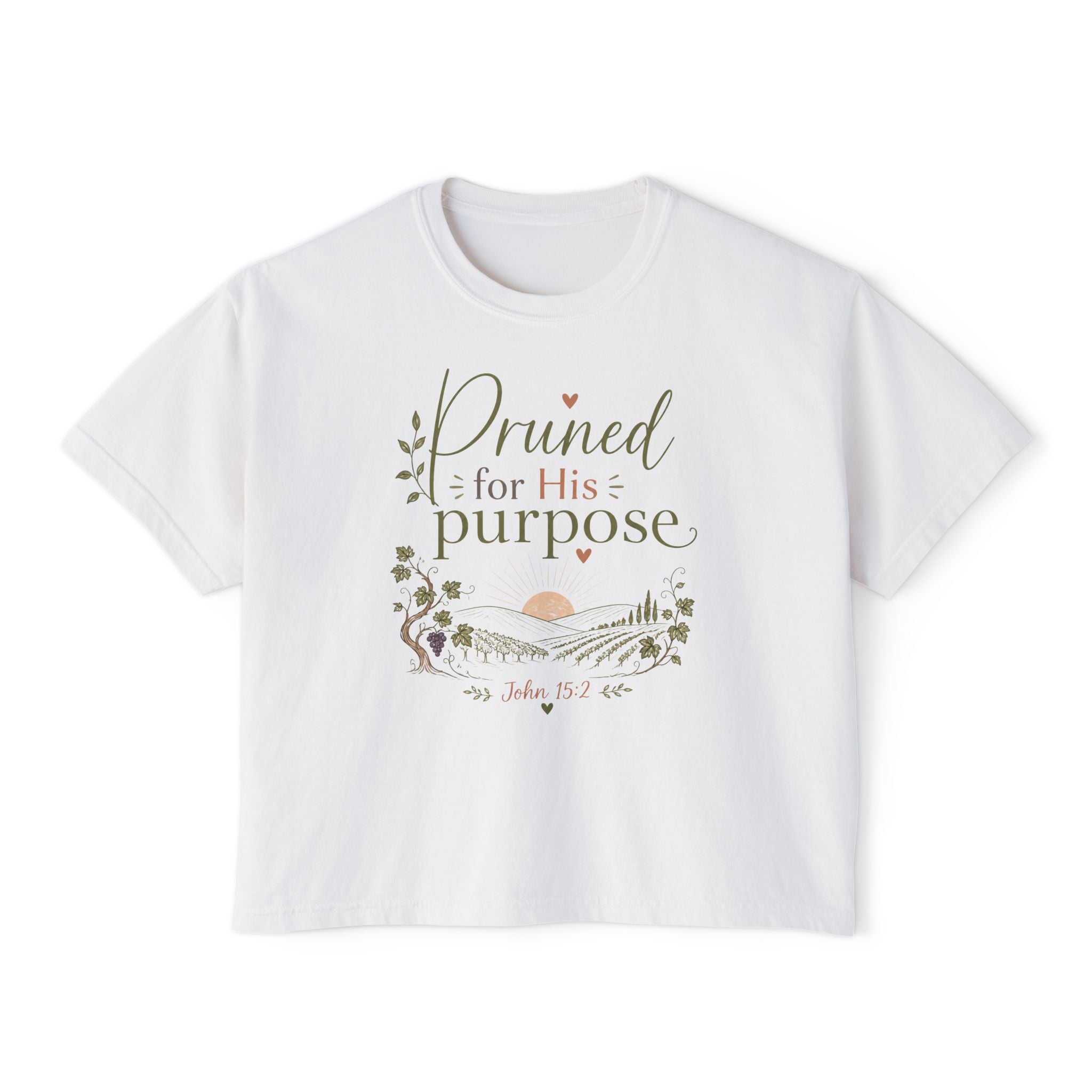 Women’s Boxy Tee — "Pruned for His Purpose" John 15:5