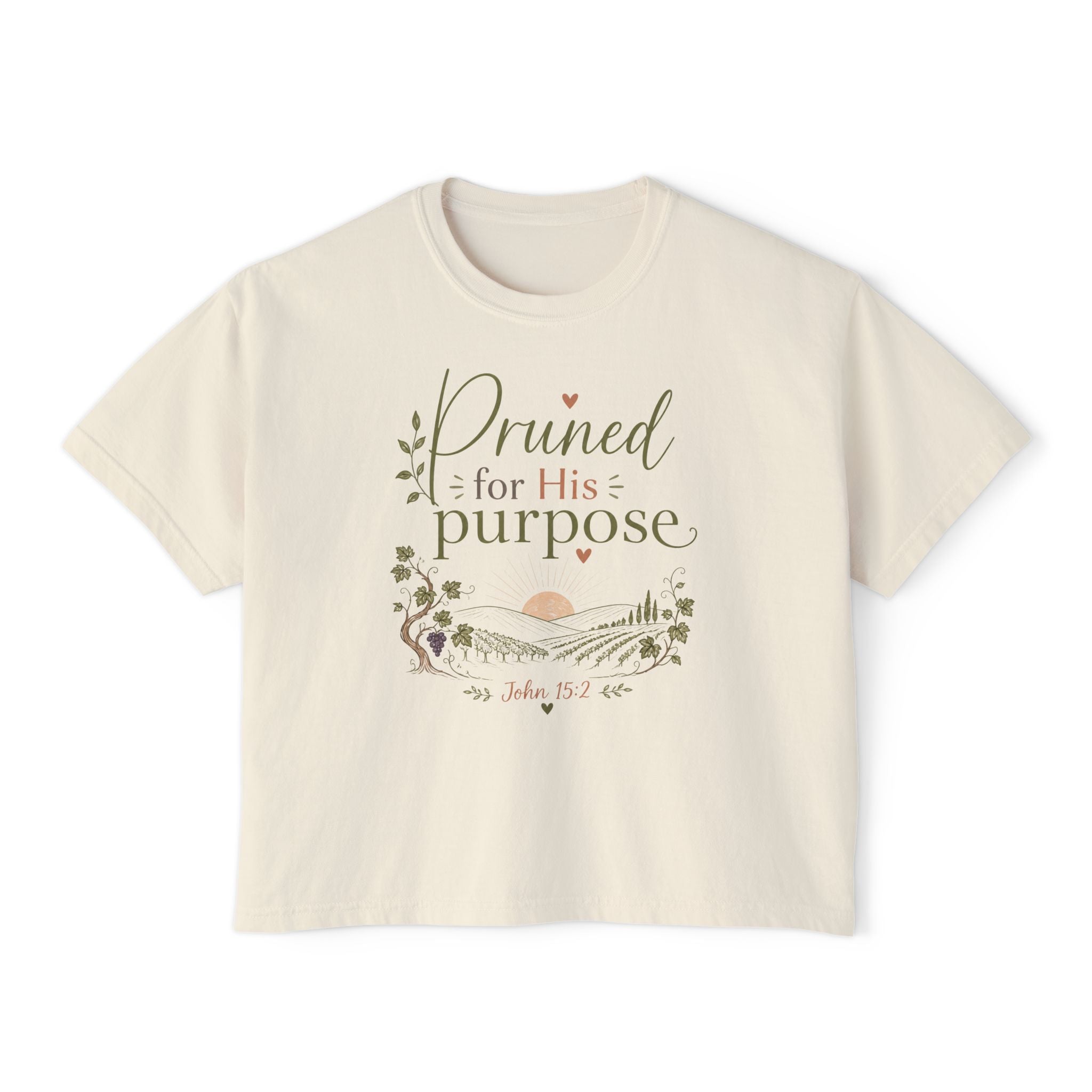 Women’s Boxy Tee — "Pruned for His Purpose" John 15:5
