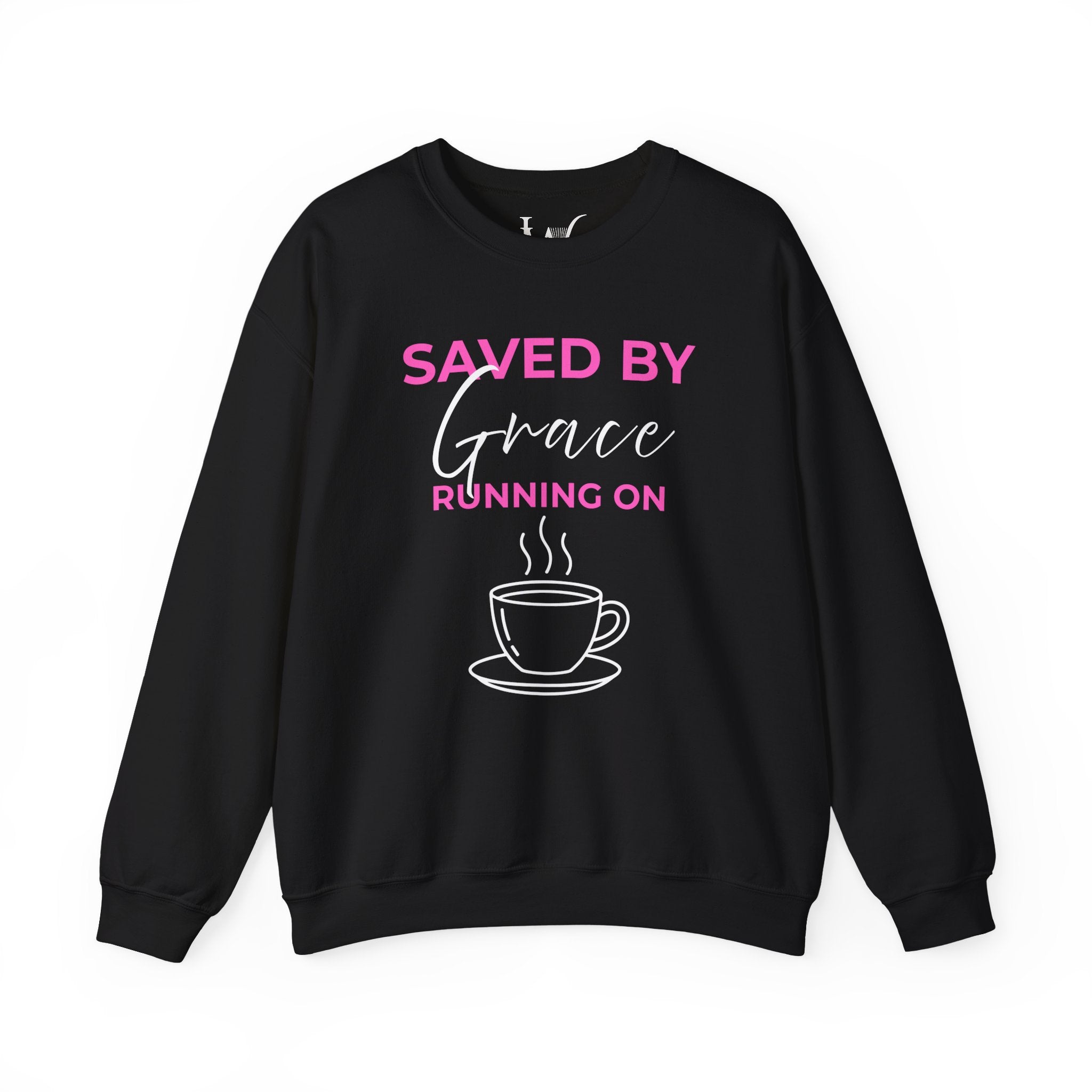 Saved by Grace Running on Coffee Graphic Crewneck Sweatshirt