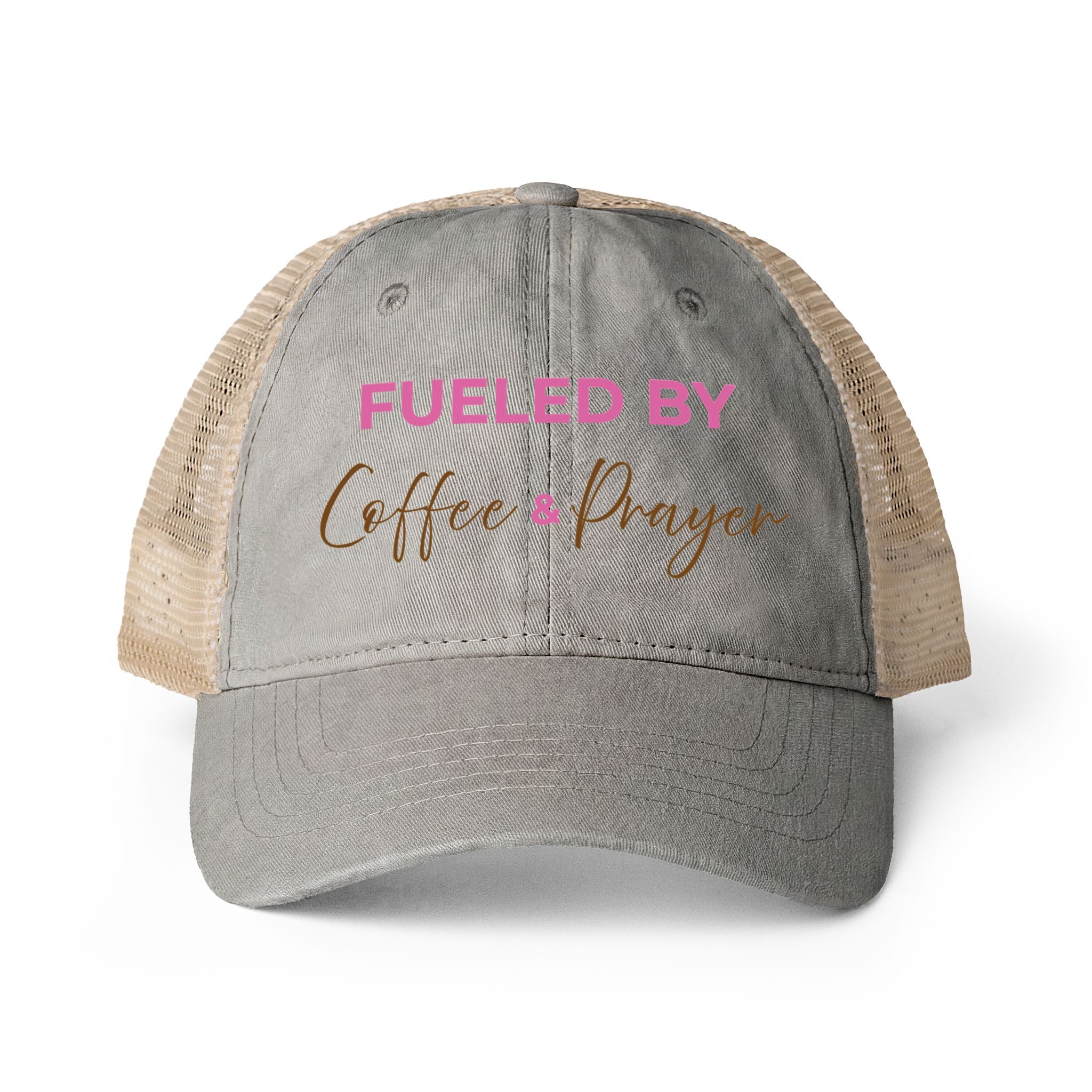 Fueled By Coffee and Prayer Women's Washed Mesh-Back Cap