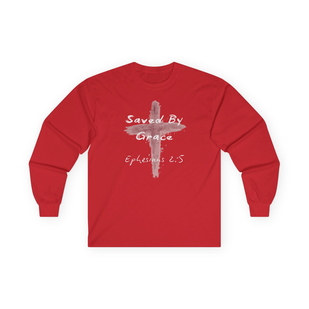 Saved By Grace Cross Design Ephesians 2:5 Long Sleeve Tee