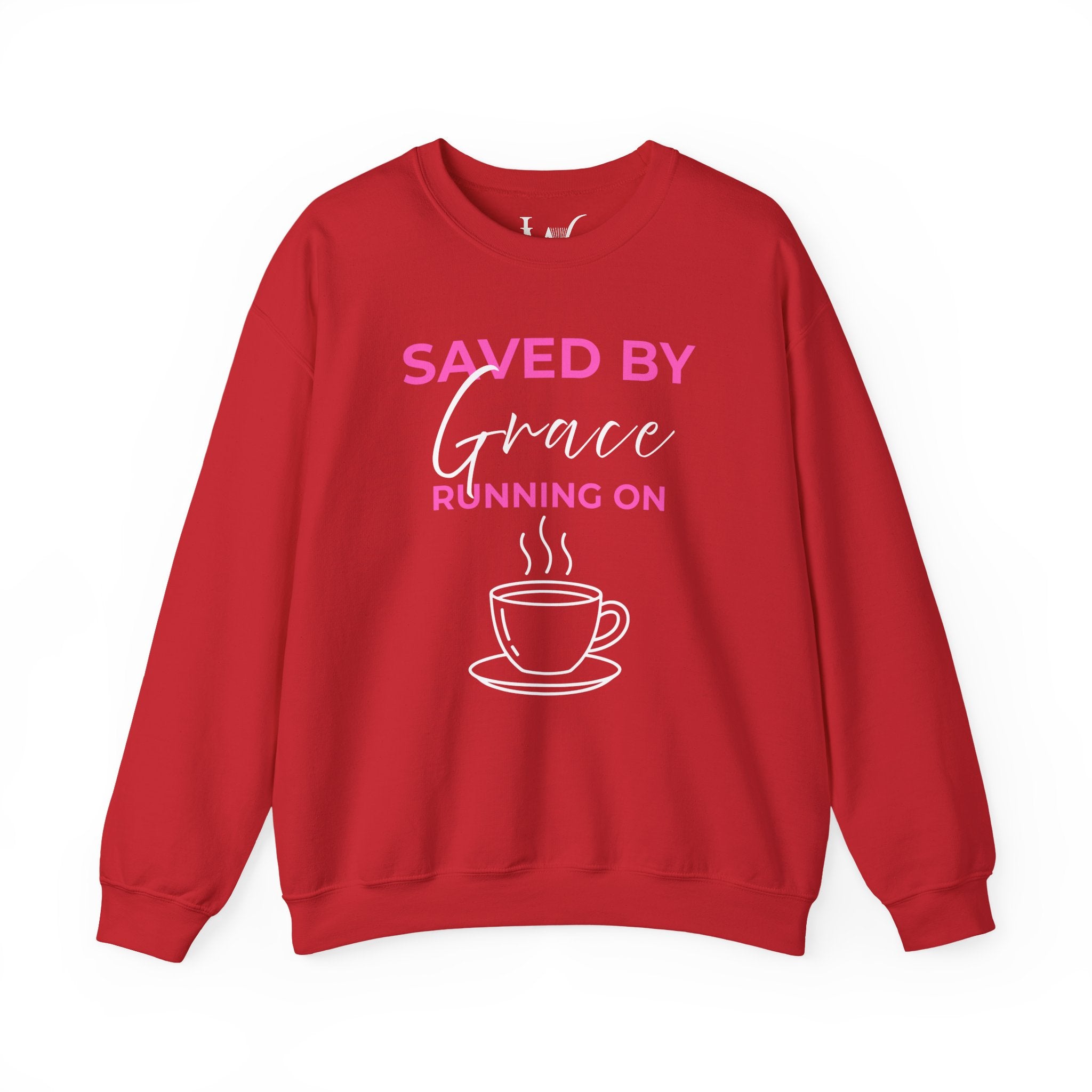 Saved by Grace Running on Coffee Graphic Crewneck Sweatshirt