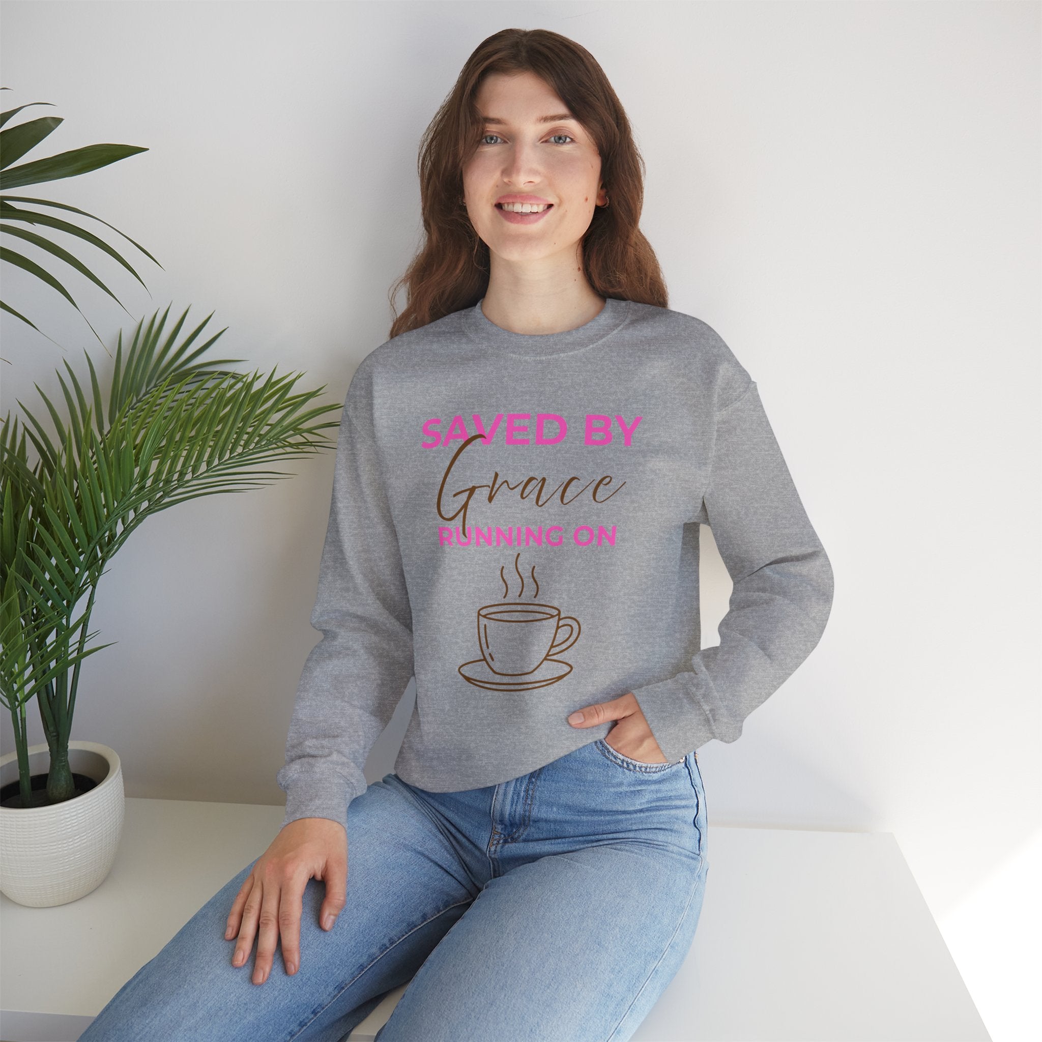 Saved by Grace Running on Coffee Graphic Crewneck Sweatshirt