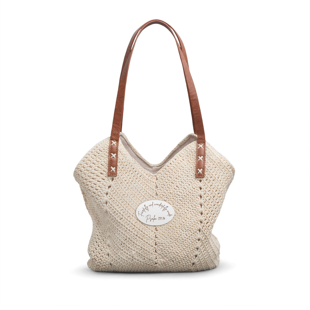 Straw Shoulder Bag — "Fearfully and Wonderfully Made" Psalm 139:14 Embroidered Beach Tote